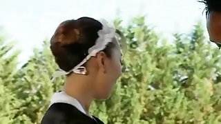 Asian french maid blows a BiG black cock 